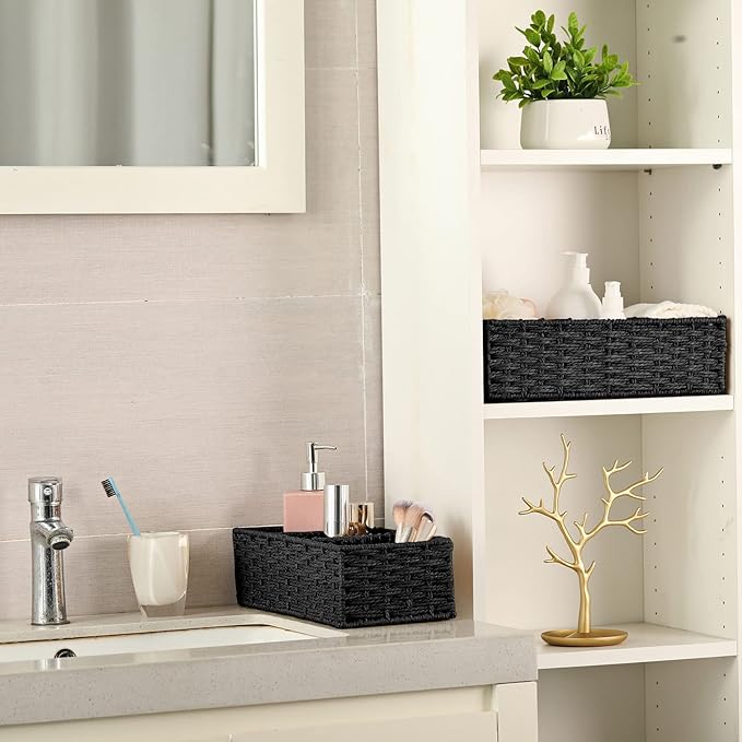 Vagusicc 3 Section Wicker Storage Basket, Hand-Woven Paper Rope Wicker Baskets for Organizing, Toilet Tank Basket, Black Baskets for Bathroom, 2-Pack, Black