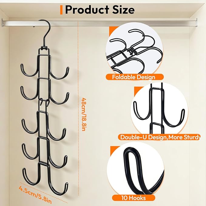 Hat Hangers for Closet, Hat Organizer for Baseball Caps, Stainless Steel Hat Rack with 10 Hooks for Caps Storage and Closet Organization (Black)