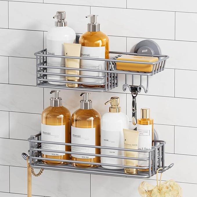 TAILI Shower Caddy Suction Cup 2 Pack with Hooks & Soap Holder, Heavy Duty Shower Organizer for Bathroom, No Drilling Bathroom Organizer with Large Capacity, Metal Storage Holder-Grey