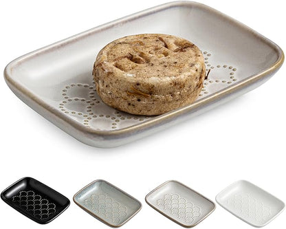 Gomakren Ceramic Soap Dish with Raised Scalloped Design, Versatile Soap Holder & Tray for Bathroom and Kitchen Sink, Prevents Soggy Soap, Rustic Modern Decor, Easy to Clean, Beige (5.59" x 4.02")
