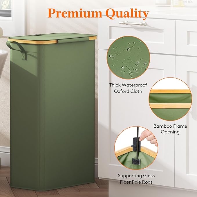 Lifewit 75L Slim Laundry Hamper with Lid, Narrow Laundry Basket with Removable Bag & Bamboo Handles, Fodable Thin Dirty Clothes Hamper for Laundry Collapsible Bin for Bathroom Bedroom Dorm, Green