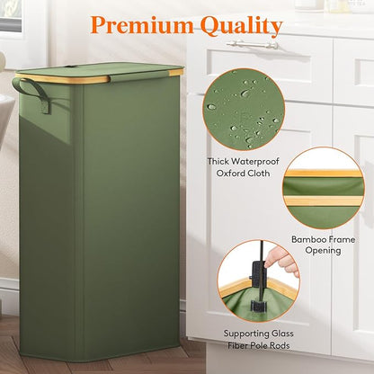 Lifewit 75L Slim Laundry Hamper with Lid, Narrow Laundry Basket with Removable Bag & Bamboo Handles, Fodable Thin Dirty Clothes Hamper for Laundry Collapsible Bin for Bathroom Bedroom Dorm, Green