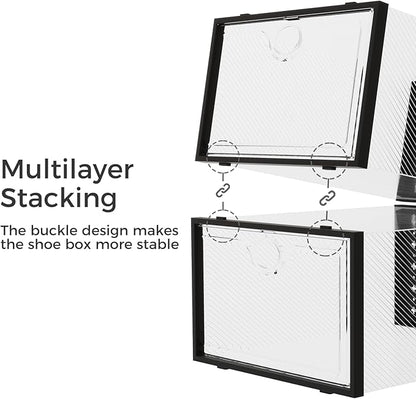 Pinkpum 15 Pack X-Large Shoe Storage Boxes Fit Size 11, Shoe Organizer for Closet Clear Plastic Stackable Shoe Dispaly Case Bins Holder, Sneaker Storage for Sneakerheads Black