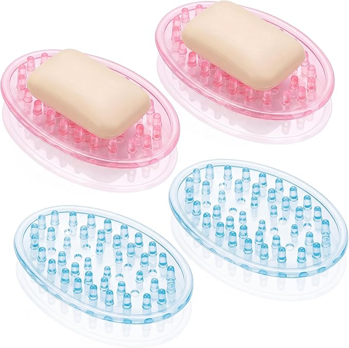 4 Pcs Plastic Soap Holder Soap Dish Bar Saver Tray with Holes Sponge Holder for Kitchen Bathroom Shower Counter, 4.5 x 3 x 0.7 Inches (Pink,Blue)