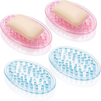 4 Pcs Plastic Soap Holder Soap Dish Bar Saver Tray with Holes Sponge Holder for Kitchen Bathroom Shower Counter, 4.5 x 3 x 0.7 Inches (Pink,Blue)