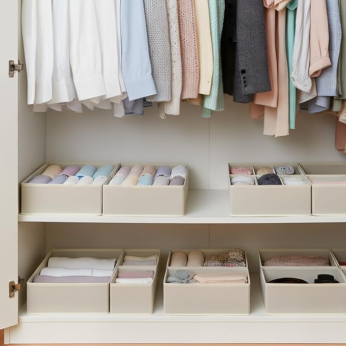Drawer Organizer Set 4 Pack - Foldable 11" Fabric Storage Bins with Zipper Bottom for Underwear Socks Bras Baby Clothes - Closet Dresser Dividers for Bedroom Nursery, Light Grey