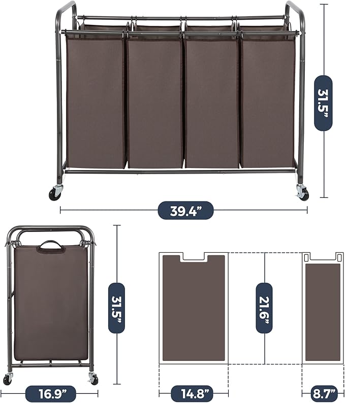 STO STO Laundry Sorter 4 Section, 4 Bag Clothes Hamper, Rolling Laundry Cart Basket with Heavy Duty Lockable Wheels and Removable Bag for Laundry Room, Bedroom, Closet, Brown