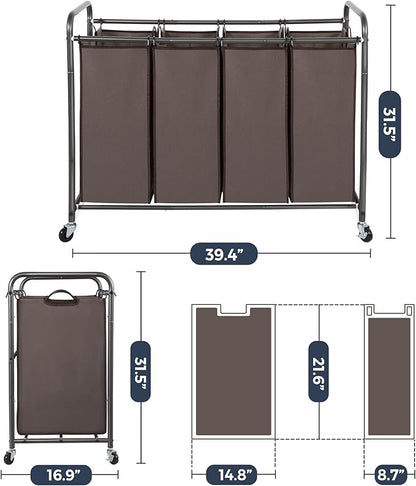 STO STO Laundry Sorter 4 Section, 4 Bag Clothes Hamper, Rolling Laundry Cart Basket with Heavy Duty Lockable Wheels and Removable Bag for Laundry Room, Bedroom, Closet, Brown
