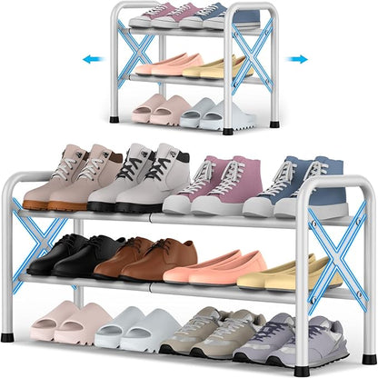 YEASHEIN 2-Tier Expandable Shoe Rack for Closet Floor, X-Frame Metal Small Shoe Rack for Entryway, Adjustable Shoe Shelf Organizer, Free Standing Shoe Racks for Front Door Entrance, Garage - White
