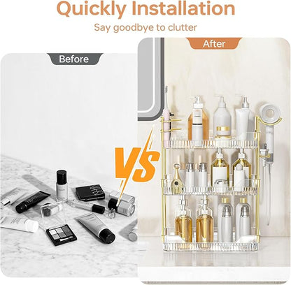 Bathroom Counter Organizer with Hair Dryer Holder and Toothbrush Holder, Acrylic Vanity Tray for Skincare, Perfume, Makeup Storage on Countertop ＆ Dresser (Clear, 3-Tier)