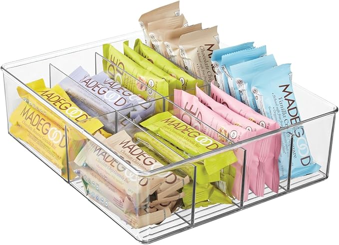 mDesign Plastic Extra Wide Storage Organizer Bin Box for Kitchen, Pantry, Cabinet, Countertop - Tea Bag, Sugar Packet, Coffee Snack, Condiment Holder, 8 Sections - Ligne Collection - Clear
