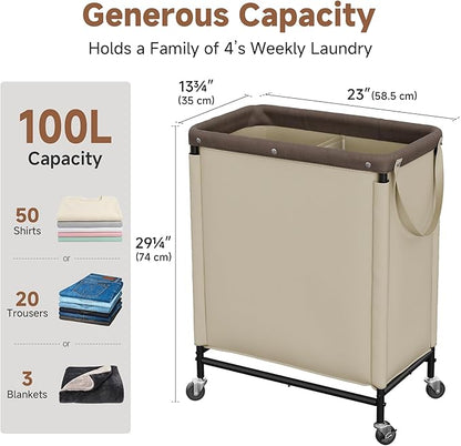 StorageWorks Laundry Hamper 2 Section, 100L Rolling Laundry Sorter Cart with Removable and Washable Liner Bag, Clothes Hamper with Wheels and Handle for Laundry Room and Bedroom, Light Khaki