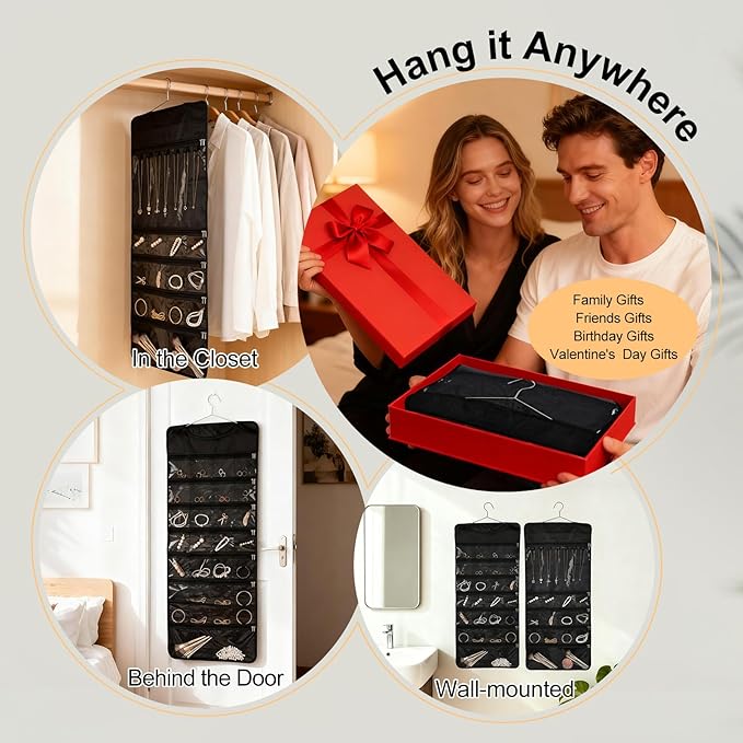Hanging Jewelry Organizer Storage Roll 41 Pockets and 7 Necklace Hooks with Detachable Hanger Double-Sided Foldable, Travel Jewelry Holder for Earrings, Rings, Bracelets, Hanging on Closet, Wall, Door