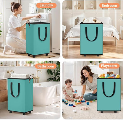 SpaceTrove Laundry Basket with Wheels, Collapsible Laundry Baskets, Laundry Hamper with Handles Detachable Wheels, Rolling Laundry Basket, Dirty Clothes Hamper for Bathroom, Dorm, Bedroom, Green, 80L