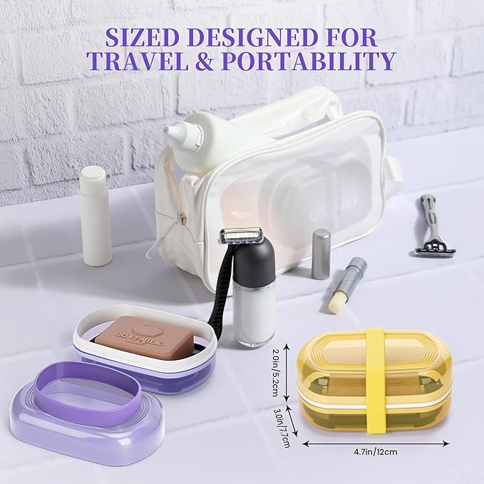 Leakproof Travel Soap Case with Lid | Draining Soap Bar Holder & Dish with Silicone Strap | Includes Mesh Soap Bag | for Shower, Bathroom, Camping, Gym (Grape Purple)