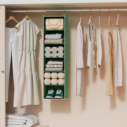 MAX Houser 6-Shelf Hanging Closet Organizer, Hanging Storage Shelves with 2 Sturdy Hooks Space-Saving for Bedroom, Foldable (Green)