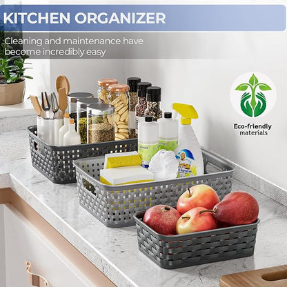 6 Pack Plastic Storage Baskets, Small Baskets for Organizing, Plastic Storage Bins Wicker Pantry Organizer Bins Household Toys for Laundry Room, Bedrooms, Kitchens, Cabinets, Countertops