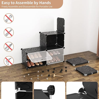 ROJASOP Portable Shoe Rack Organizer 6-Tier Shoe Cabinet 24-Pair Shoe Organizer Shoe Storage Expandable Free Standing Stackable Space Shoe Rack with 2 Exclusive Versatile Hooks for Bedroom Black