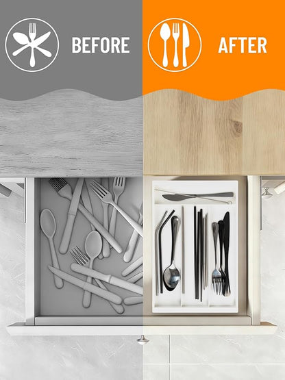Silverware Drawer Organizer Tray, Adjustable Small Utensil Holder for Spoon and Fork, Expandable Flatware Cutlery Tray for Kitchen Drawers (Cream)
