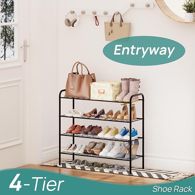 viewcare Shoe Rack for Closet, 4-Tier Long Shoe Rack for Entryway & Garage, Black Shoe Organizer Holds 12-16 Pairs, Sturdy Metal Construction