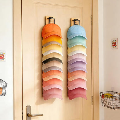 2 Pack Hat Organizer for Baseball Caps, Wood & Metal Hat Rack for Wall, Hat Storage for 22 Caps with Strong Adhesive/Wall Drilled for Door, Wall and Closet (Natural Wood)