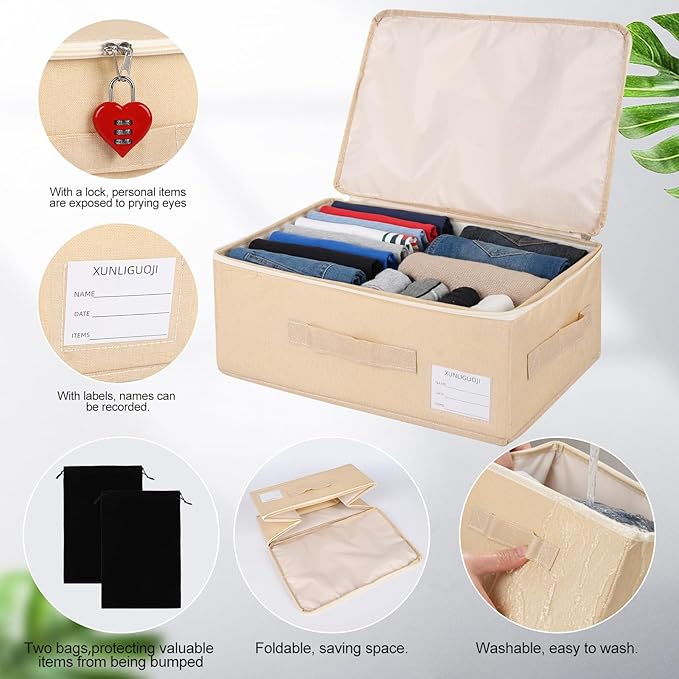 2-pack Discreet Toy Storage Box with Lock Toy Bag Fabric lockable storage bin with Handles, foldable, with Zipper lid/handle/label,locking Storage Box for Women and Men (2, red lock, small)