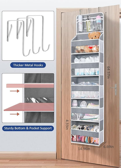 Over the Door Organizer Hanging Storage with 3 Clear Slip Pockets and 5 Large Pockets for Closet Door Organization - Heavy Duty for Bathroom, Pantry, Bedroom, Nursery