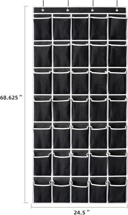 SAVERHO 35 Pockets Over the Door Shoe Organizer, Hanging Shoe Organizer for Door with 35 Mesh Pockets Large Capacity Shoe Hanging Storage Bag with 4 Metal Hooks (Black-1Pack)