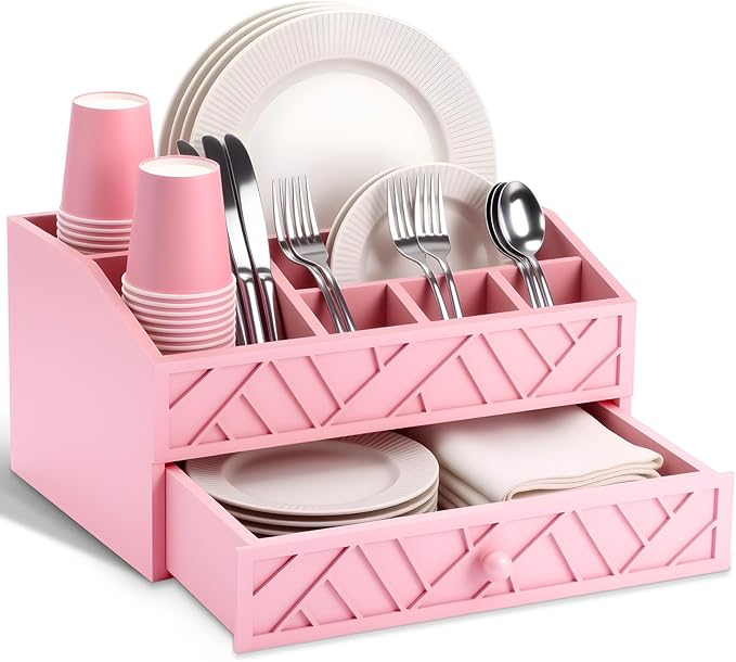 Marsui Paper Plate Dispenser, Wood Rustic Paper Plate Holder for Countertop with Drawer Silverware Utensil Caddy, Cutlery Flatware Organizer for Spoon Fork Napkins Kitchen Parties(Pink)