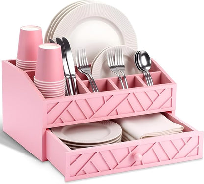 Marsui Paper Plate Dispenser, Wood Rustic Paper Plate Holder for Countertop with Drawer Silverware Utensil Caddy, Cutlery Flatware Organizer for Spoon Fork Napkins Kitchen Parties(Pink)