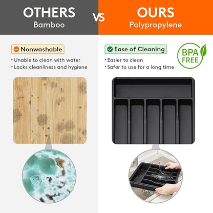 Lifewit Silverware Drawer Organizer, Expandable Utensil Tray for Kitchen, BPA Free Flatware and Cutlery Holder, Adjustable Plastic Storage for Spoons Forks Knives, 13-22 x 15", Black