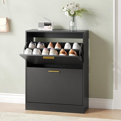 Shoe Cabinet Storage for Entryway, White Shoe Organizer with 2 Flip Drawers & Open Shelf, Freestanding Hidden Large Shoe Storage Cabinet (1pc-Black, 2 Flip Drawers)