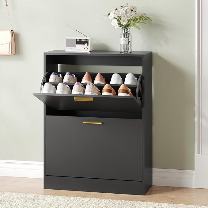 Shoe Cabinet with 2 Flip Drawers, Black Shoe Cabinet Storage for Entryway, Modern Shoe Organizer Wood, Freestanding Small Thin Shoe Racks with Doors, Black