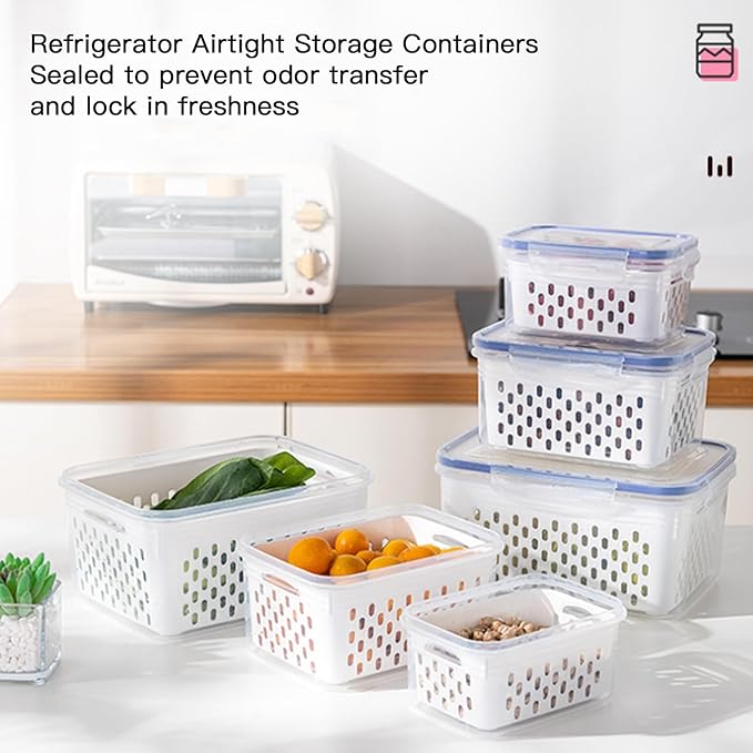 3PCS Fruit Containers for Fridge with Removable Filter, Berry Airtight Produce Storage Containers to Keep Fruit and Vegetables Fresh, BPA-Free Dishwasher Safe Food Containers (Blue)