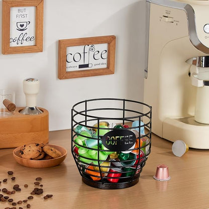 Yangbaga 1pcs Coffee Pod Holder - Large Capacity Black Wire K-Cup Holder With Wooden Base, Modern Basket Bar Decor for Station,Coffee Pods & Capsules, Fruit Snack Storage