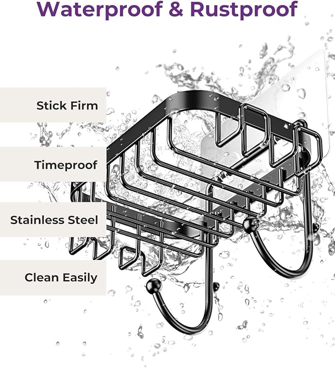 ODesign Soap Dish Holder SUS304 Stainless Steel with 6 Hooks Loofah Bath Sponge Towel Razor Holder for Bathroom Shower Kitchen Adhesive Wall Mounted No Drilling -Black-2 Pack