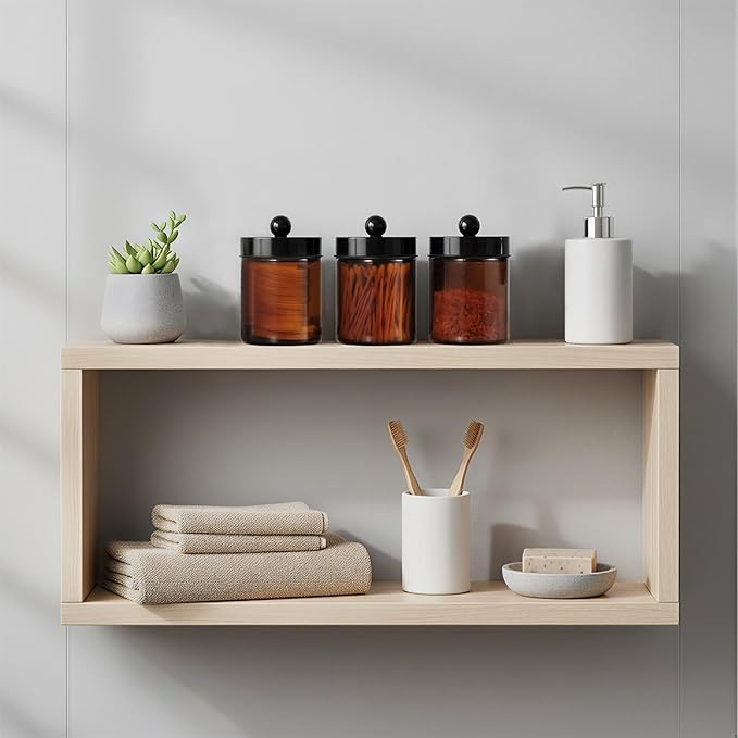 3PC Farmhouse Decor Qtip Holder Apothecary Jars Bathroom Vanity Storage Organizer -Countertop Canister Container &Cute Stickers for Cotton Swab, Ball,Pad,Floss,Paper Clips (Black)