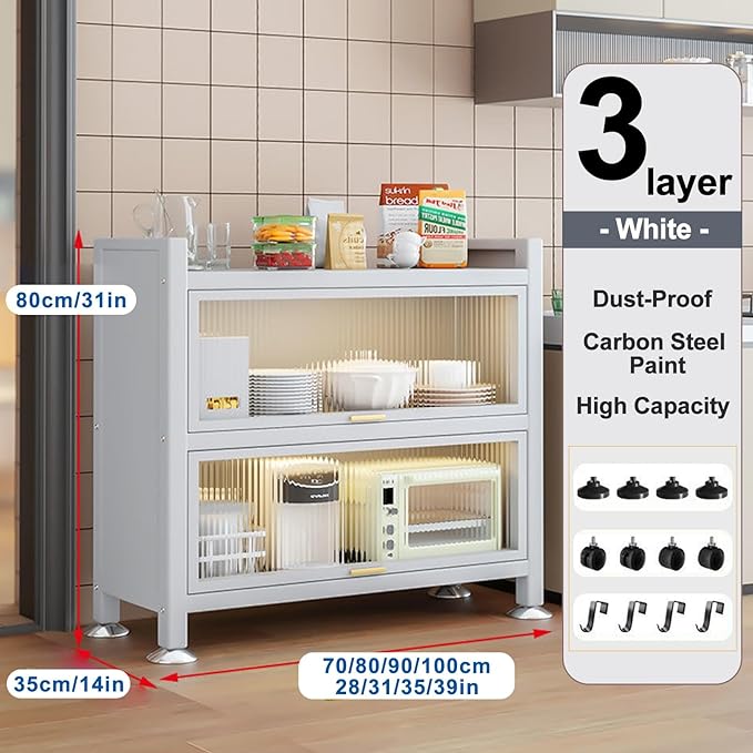 3-Tier Bread Rack with Transparent Flip Door, Coffee Station & Microwave Storage, Kitchen Organizer for Home, Office, Pantry & Garage (White, 80cm/31in)