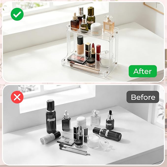VNIMTI Skincare Organizers 2 Tier, Makeup Organizer Countertop, Cosmetic Display Cases, Makeup＆Skincare Organizer for Vanity, Desktop, Bathroon, Ideal Gifts for Women (Free Standing - White)