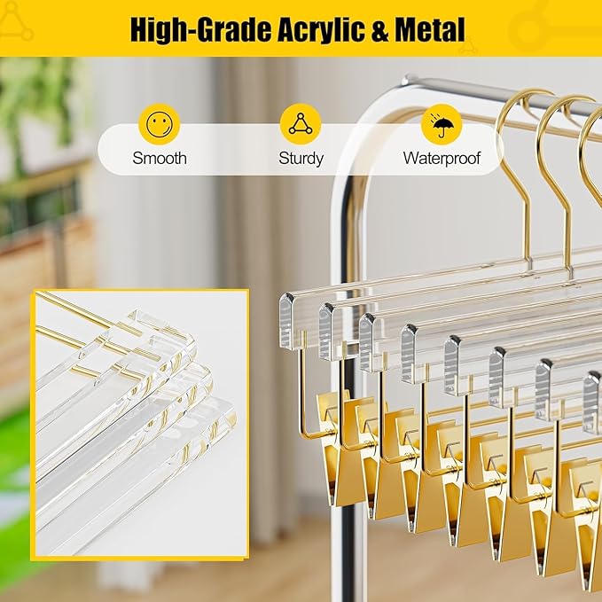 30 Pack Gold Acrylic Hangers, Clear Pants Hangers with Adjustable Non-Slip Clips for Pants, Skirts, Jeans, Trousers, Adults & Kids, Clothing Closet Storage