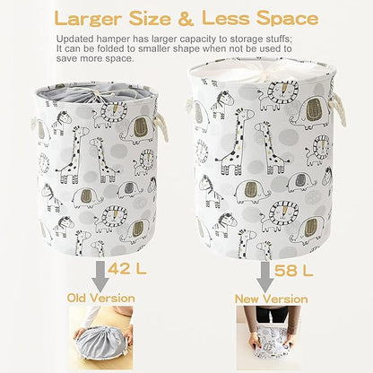 Kids Laundry Basket Extra Large Baby Hamper for Nursery, 58L Kids Baskets for Nursery Stuffed Animal Storage Basket, Canvas Clothes Hamper Toy Basket for Boys Foldable Laundry Hampers (Giraffe)