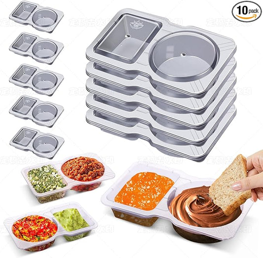 Qewro 10 Sets Double Compartment Condiment Container With Lids, Reusable Snack Container for Sauces and Snacks, Disposable Snack Containers, Ideal for On-the-Go Meals and Parties (10Pack)