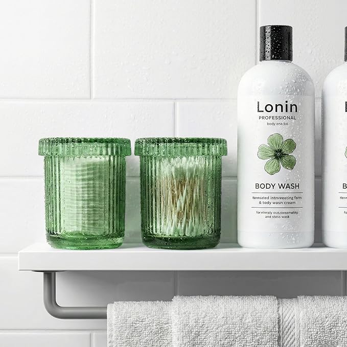 2 Pack Qtip Holder - Apothecary Jars with Lids, Bathroom Organizers and Storage Canister for Cotton Balls,Swabs,Floss Picks,Hair Ties,Clear Glass Vintage Bathroom Decor Jar Set (Green)