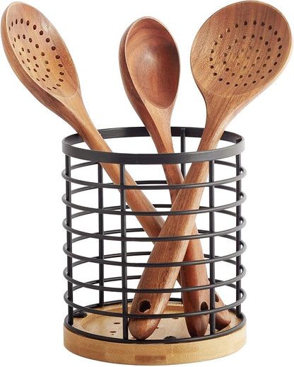 WDT Tool Utensil holder for Kitchen Counter - 5.2" x 5.2" x 6" Large Round with Wooden Base Matte Black Cooking Utensil Holder Utensil Organizer (Metal+Bamboo)