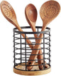 WDT Tool Utensil holder for Kitchen Counter - 5.2" x 5.2" x 6" Large Round with Wooden Base Matte Black Cooking Utensil Holder Utensil Organizer (Metal+Bamboo)