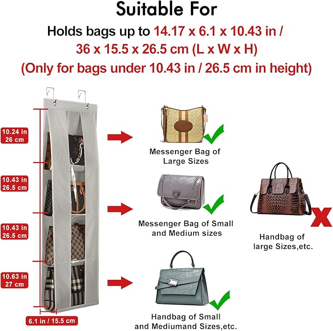 Lirex Over the Door Purse Organizer, handbag storage organizer with 4 Clear Pockets Foldable, purse storage, scarf storage, clothing organizer, legging organizer for hanging closet organize, Gray