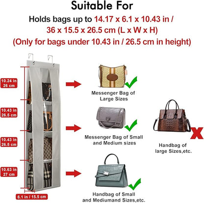 Lirex Over the Door Purse Organizer, handbag storage organizer with 4 Clear Pockets Foldable, purse storage, scarf storage, clothing organizer, legging organizer for hanging closet organize, Gray