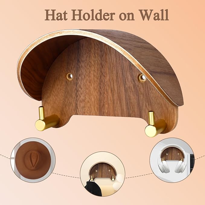 2 Pack Cowboy Hat Rack, Wooden Satin Finish Hat Holder on Wall,Non-Damage Brim Design, Hat Hooks Can Keeps Original Shape of Hat, for Cowboy Hat, Fedora, Sun Hats