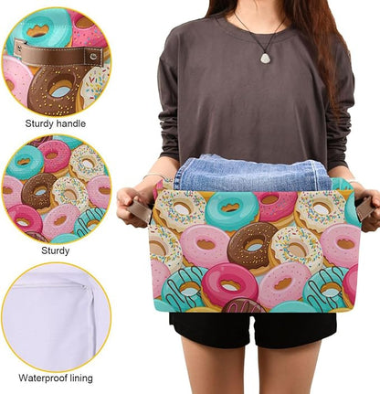 Donuts Storage Basket Bin, Large Cube Storage Box Canvas Collapsible Storage Organizer for Home Office Closet - 15 L x 11 W x 9.5 H