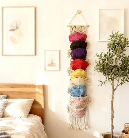 8-Tier Macrame Baseball Cap Organizer With Boho Hooks—Handwoven Boho Cap Holder,Macrame Hat Hangers-Space Saving Wall Storage for Living Room, Bedroom, Entryway